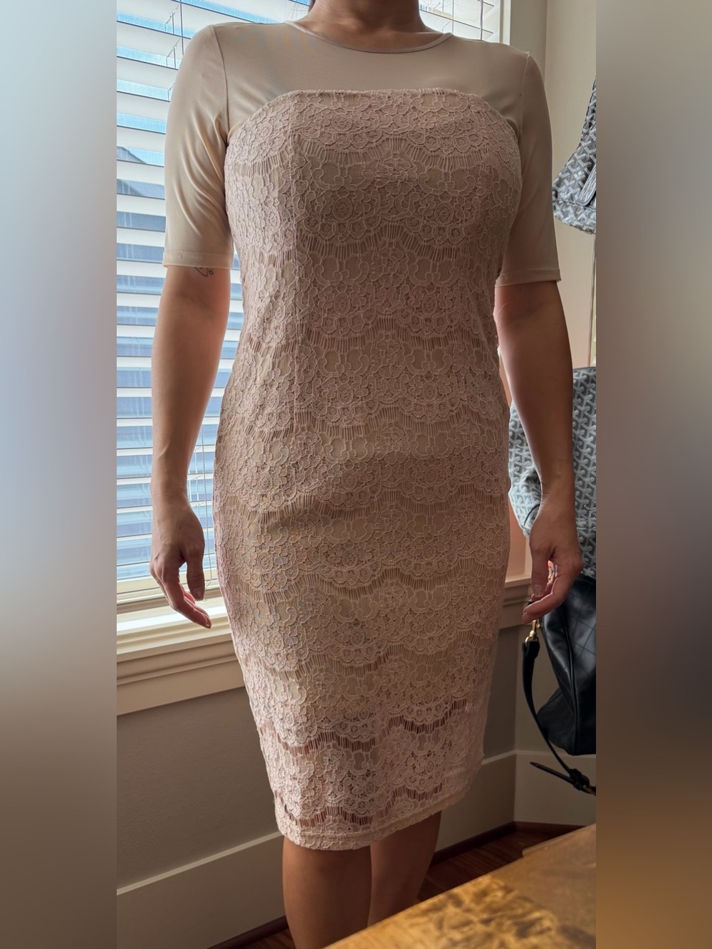 Neiman Marcus Blush Lace Overlay Crewneck Dress